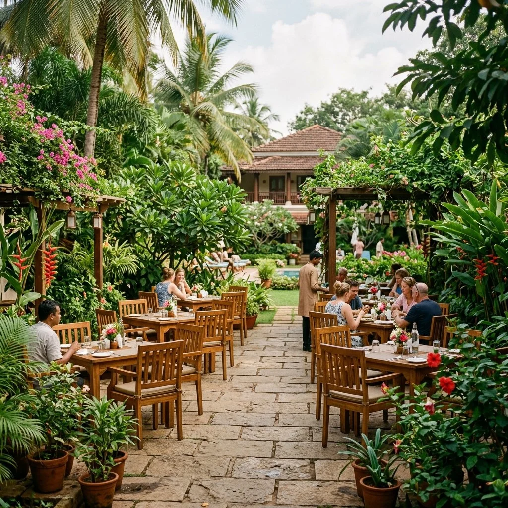 Cozy outdoor garden restaurant dining area