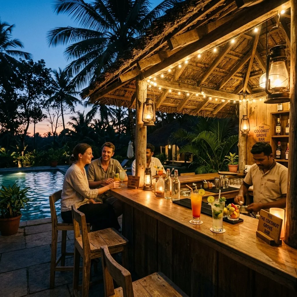 Cozy outdoor bar counter and lounge at night at Kunal Resort